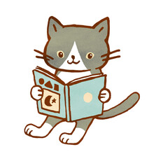 本を読むハチワレ猫のイラスト