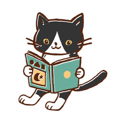 本を読むハチワレ猫のイラスト