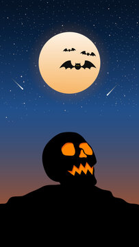 halloween night background, skull head, bats and full moon , vector illustration.
