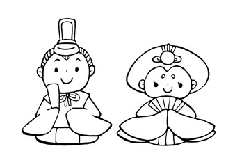 手描きのゆるいお雛様とお内裏様の塗り絵イラスト