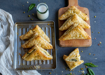 Homemade English pastry. Spinach Cheese Pie. Puffy multi layered crispy outer crust filled with...