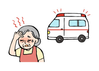 熱中症の老人と救急車のイラスト