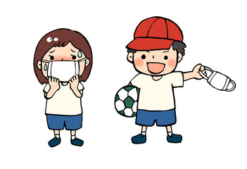 子どものマスクと熱中症予防のイラストセット