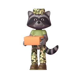 3d render of raccoon in military uniform holding parcel or package box