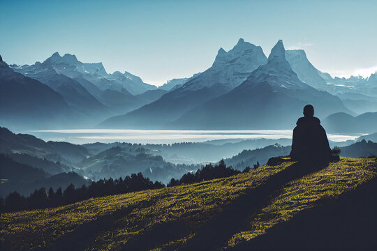 Person Meditating Peacefully On A Mountaintop Generative AI