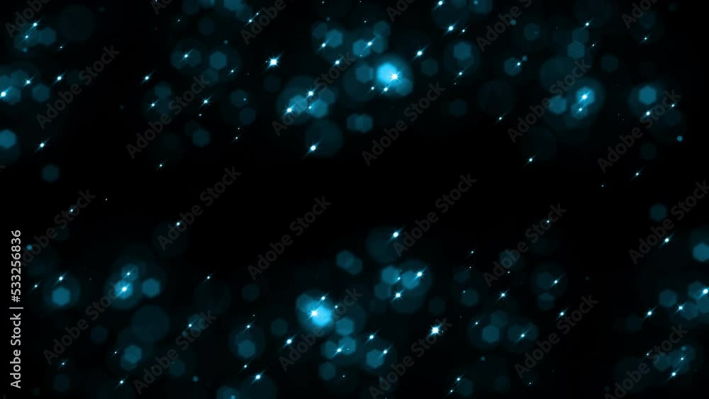 Poster loop blue glow star bubbles particles floating on black abstract background. 4k 3d seamless loop ani