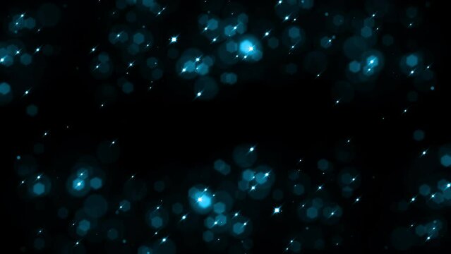 Loop blue glow star bubbles particles floating on black abstract background. 4K 3D seamless loop animation. Winter holiday background concept, Merry Christmas, New year, Wedding, Celebration 