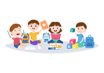 Primary School with Cute Little Students Studying in the Classroom in Hand Drawn Flat Cartoon Illustration Template