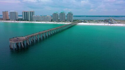 Aerial drone panning left view of the Navarre Beach Florida Pier with some dark clouds in the background.