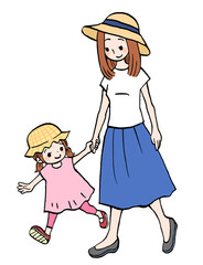 女の子とお母さんの親子でお出かけするイラスト