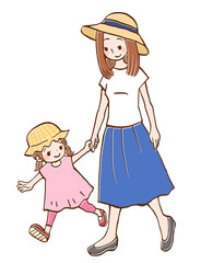 女の子とお母さんの親子でお出かけするイラスト