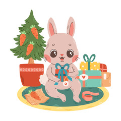 Cute rabbit packing presents near Christmas tree