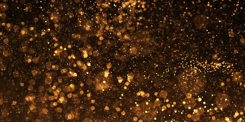 Gold Particle Glitter Luxury Background. Falling gold confetti with magic light. Gold particles glisten in the air