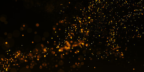 Gold Particle Glitter Luxury Background. Falling gold confetti with magic light. Gold particles glisten in the air