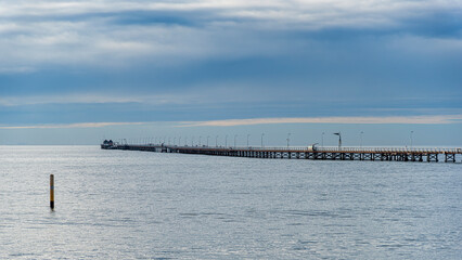 Aerial view of Busselton Jetty the longest timber-piled jetty in the southern hemisphere at 1,841 metres long.