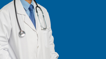 Midsection of a doctor in uniform standing while standing on a blue background
