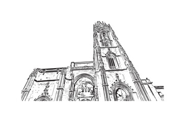 Building view with landmark of Oviedo is a town in northwest Spain. Hand drawn sketch illustration in vector.