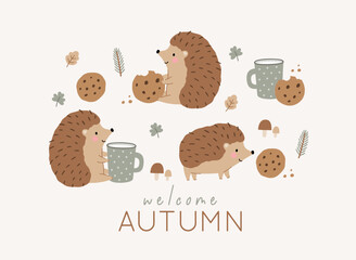 Cute cartoon hedgehog in forest vector print in flat style. Cute childish character, leaves, cones, mushrooms. Hedgehog eats cookies and drinks milk © NadezdaBarkova