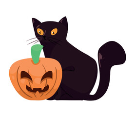 halloween black cat with pumpkin