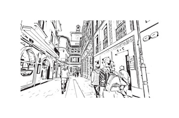 Building view with landmark of Oviedo is a town in northwest Spain. Hand drawn sketch illustration in vector.