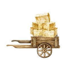 Wooden wheel cart with hay bricks. Watercolor illustration. Hand drawn farm and ranch vintage barrow with harvested dry grass. Vintage wooden barrow with straw bricks element © anitapol