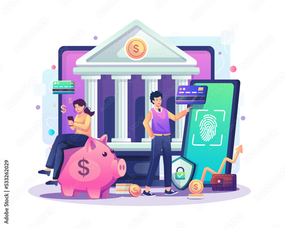 Poster online banking and mobile payment concept. people do digital money transfers using a computer and sm