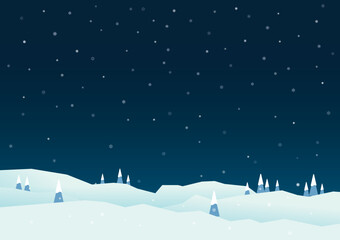 Christmas landscape. Night of winter hills and pines landscape background with snowfall.