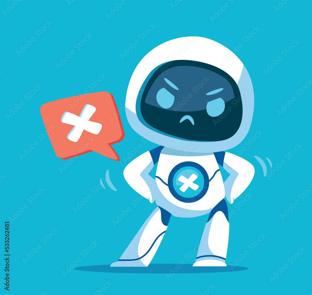 Poster cute robot icon. character refuses, impossible command, problems and technical failures. poster or b