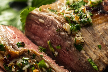 juicy roast beef cut with garlic and parsley aioli