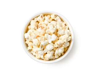 Popcorn in white bowl isolated on white background. Clipping path.