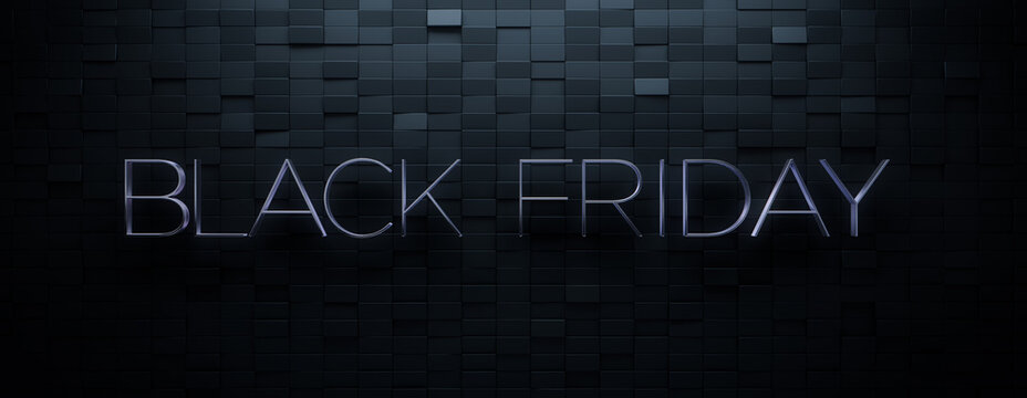 Premium Banner with Thin, Chrome 3D Words on Rectangle tiles. Black Friday Background with copy-space.