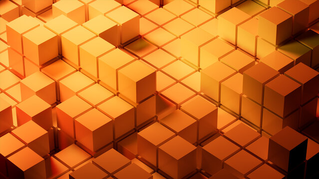 Orange and Yellow, Glossy Blocks Perfectly Aligned to create a Modern Tech Background. 3D Render.