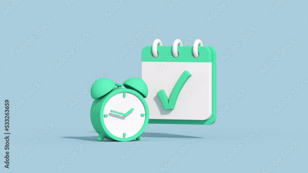 Poster clock and checkmark in calendar. planning and office work concept. minimal cartoony 3d render animat