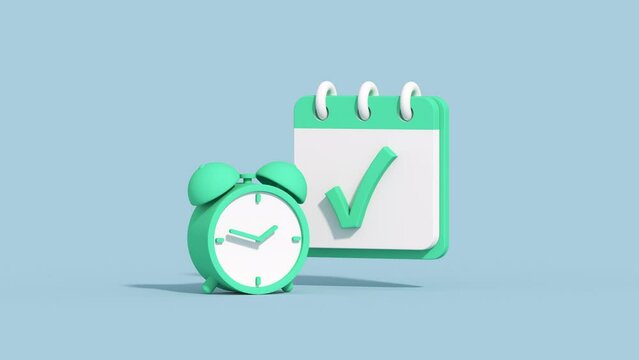 Clock and checkmark in calendar. Planning and office work concept. Minimal cartoony 3D render animation