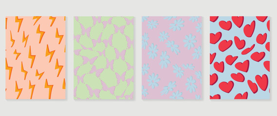 Collection of y2k style background vector. Set of lovely vibes wallpaper, pastel color, heart, psychedelic, flowers, thunder, butterfly. Trendy girly 90s, 2000s poster for banner, prints, decorative.