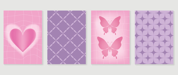 Collection of y2k style background vector. Set of lovely vibes wallpaper, pastel color, psychedelic, grid, heart, butterfly. Trendy girly 90s, 2000s poster for banner, prints, decorative, cover.