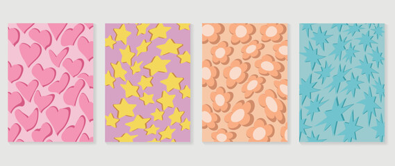 Collection of y2k style background vector. Set of lovely vibes wallpaper, pastel color, psychedelic, grid, heart, stars, flowers. Trendy girly 90s, 2000s poster for banner, prints, decorative, cover.