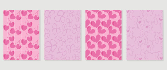 Collection of y2k style background vector. Set of lovely vibes wallpaper, pastel color, psychedelic, grid, heart, cherry, flowers. Trendy girly 90s, 2000s poster for banner, prints, decorative, cover.