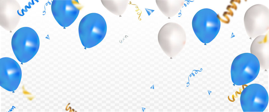 Celebrate with blue and white balloons with gold confetti for festive decorations vector illustration.