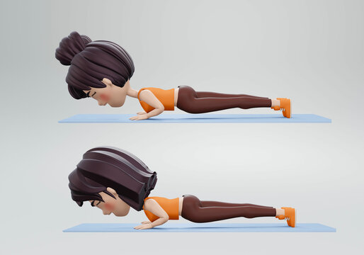 3d render. Fitness and Workout. Young woman doing core exercise - forearm plank twist hip dips / dipping hips from side to side from forearm plank