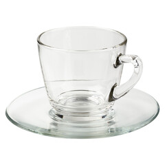Empty glass cup of tea or coffee with handle isolated on alpha background.