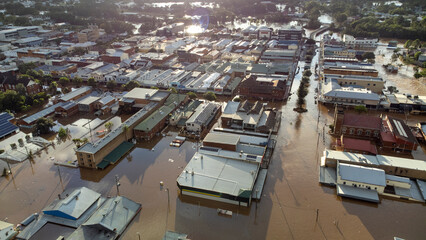 Flooded city of Lismore NSW Australia at sunset 2022 - obrazy, fototapety, plakaty