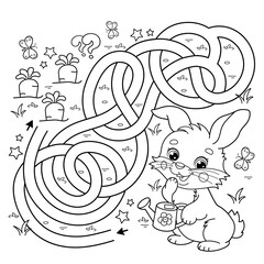 Maze or Labyrinth Game. Puzzle. Tangled road. Coloring Page Outline Of cartoon cute bunny or rabbit with a watering can and with carrot and cabbage. Coloring Book for kids.