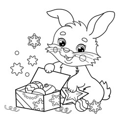 Coloring Page Outline Of cute bunny or rabbit with gifts. Christmas. New year. Coloring book for kids