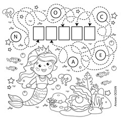 Maze or Labyrinth Game. Puzzle. Coloring Page Outline Of cartoon beautiful little mermaid. Marine princess. Underwater world. Coloring book for kids.