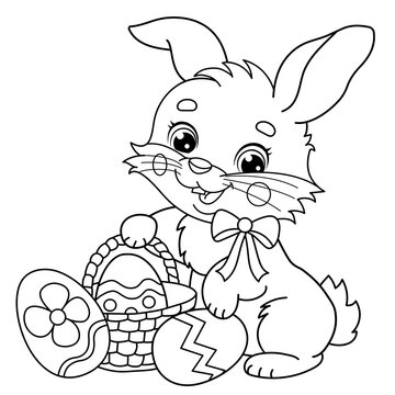 Coloring Page Outline Of cartoon cute Easter bunny with a basket of eggs and sweets. Coloring Book for kids.