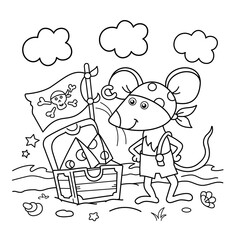 Coloring Page Outline Of cartoon little pirate mouse with chest of treasure. Cheese trove. Coloring Book for kids.