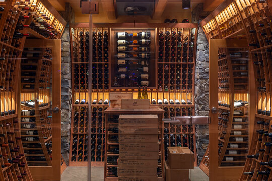 Wine bottles in the wine cellar of Wickaninnish Inn, Tofino, Vancouver island, British Columbia, Canada.