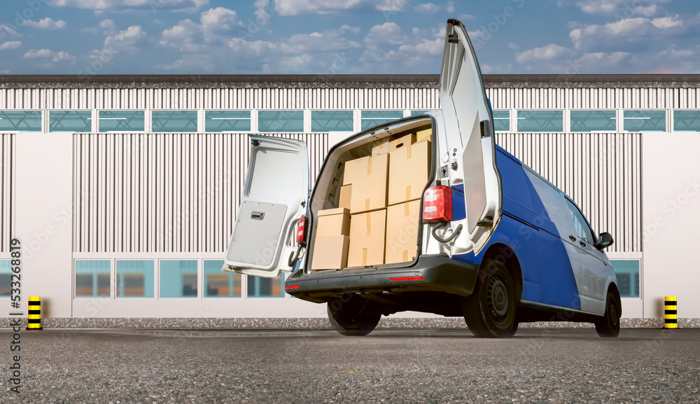 Poster minivan with cardboard boxes. van for move. delivery service van back view. boxes for moving in truc