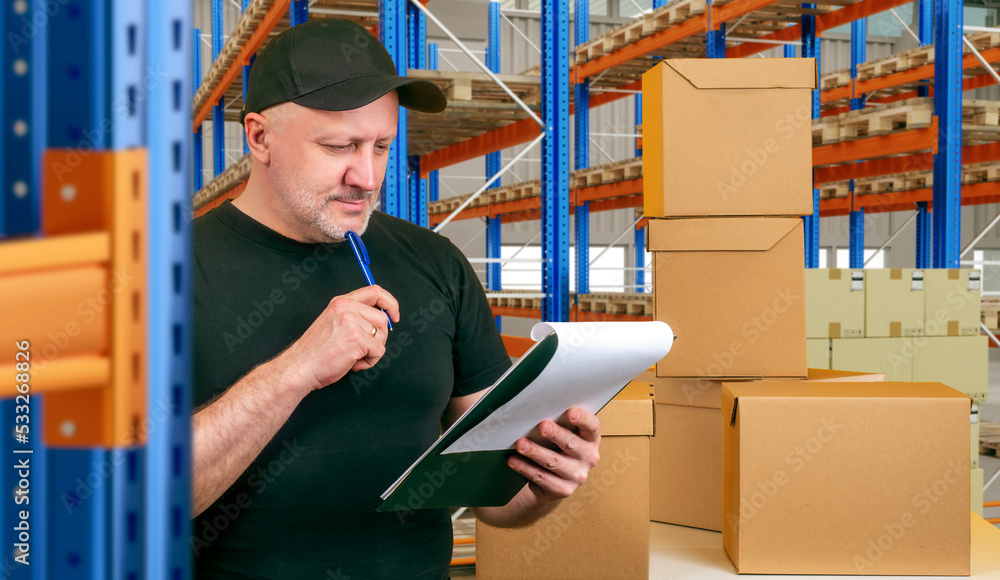 Poster storekeeper making revision. man storekeeper in front of cardboard boxes. warehouse worker thought. 